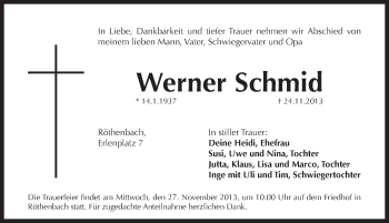 Traueranzeige von Werner Schmid von Pegnitz-Zeitung